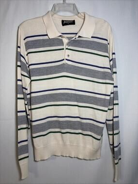 Vintage Jantzen Men’s Med Collared Sweater Stripe Cream Gray Blue Green EUC